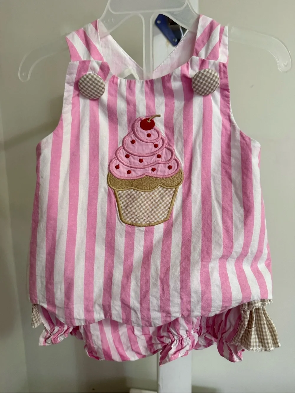 Lil Cactus Pink Striped Cupcake Applique Top & Ruffle Butt Bloomer Set